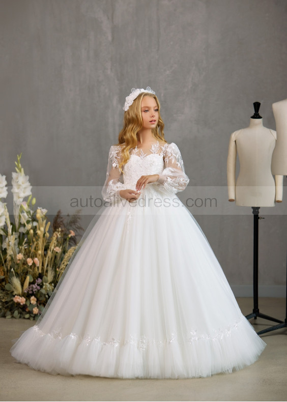 Long Sleeves Ivory Sequined Lace Tulle Flower Girl Dress